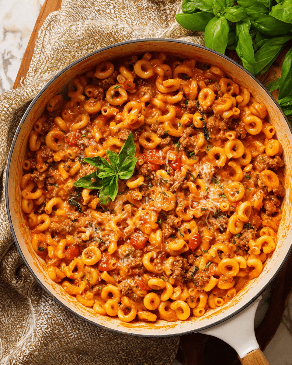 A large white pot filled with a thick, saucy pasta dish featuring small round pasta rings mixed with ground meat and pieces of tomato. The pasta and meat are coated in a rich, orange-red sauce with visible bits of herbs and melted cheese lightly sprinkled throughout. On top, there is a small bunch of fresh green basil leaves placed as garnish. The pot is set on a wooden surface with a textured beige cloth nearby and fresh basil leaves in the background, all on a white marbled texture. photo taken with an iphone --ar 4:5 --v 7