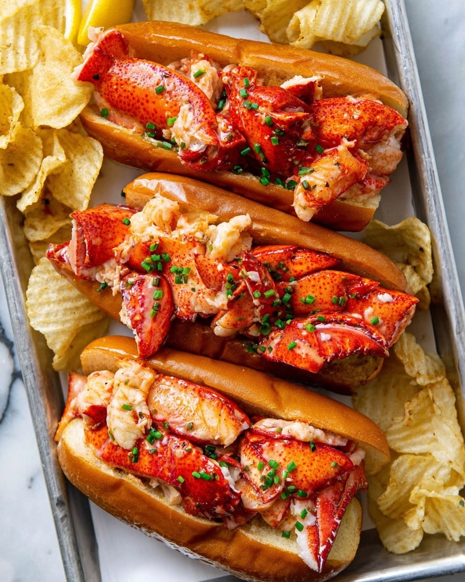 The image shows three lobster rolls placed in a white tray on a white marbled surface. Each lobster roll has three layers: at the bottom, a soft, golden-brown toasted bun with a slightly shiny and smooth texture; in the middle, large chunks of bright red lobster meat with a glossy, slightly wet look; and on top, small green chive pieces sprinkled evenly. The lobster meat looks rich and juicy, with bits of creamy butter sauce visible. Surrounding the rolls are curly, crunchy, pale yellow potato chips and a wedge of lemon partially visible. The photo is taken from above, capturing the freshness and colors clearly. photo taken with an iphone --ar 4:5 --v 7