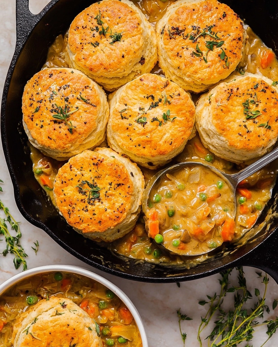 A black cast iron skillet filled with seven golden-brown biscuits arranged in a circle, each biscuit topped with small green herbs and a slightly shiny glaze. Beneath the biscuits is a rich, creamy stew with visible chunks of orange carrots, green peas, and celery, giving a chunky texture and warm orange-beige color. A large ladle scoops up some stew on the right side of the skillet, showing the thick sauce and mixed vegetables clearly. Next to the skillet is a white bowl filled with the same stew, sitting on a white marbled surface with some sprigs of fresh herbs nearby. photo taken with an iphone --ar 4:5 --v 7