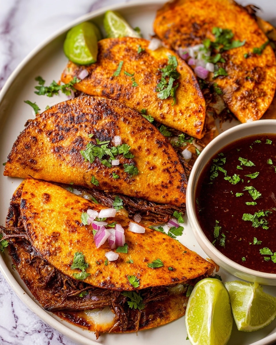 The image shows four golden-brown folded quesadillas on a white plate, each with a slightly crispy texture and specks of char. Inside each quesadilla, there is a layer of shredded dark brown meat. The quesadillas are topped with small bits of finely chopped red onion and garnished with fresh green cilantro leaves. Two lime wedges are placed on the plate near the quesadillas. On the right side of the plate, there is a round bowl filled with deep red sauce, sprinkled with small green cilantro pieces. The background features a white marbled surface. Photo taken with an iphone --ar 4:5 --v 7