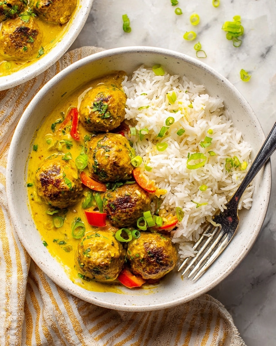 A white bowl filled with fluffy white rice on one side, topped with small pieces of chopped green onion, and several browned meatballs covered in a thick yellow curry sauce on the other side, with red and green pepper slices mixed in the sauce; a silver fork rests inside the bowl on the right side. The bowl sits on a white marbled surface, and a beige and white striped cloth is near the top left corner. Small green onion pieces are scattered around. photo taken with an iphone --ar 4:5 --v 7