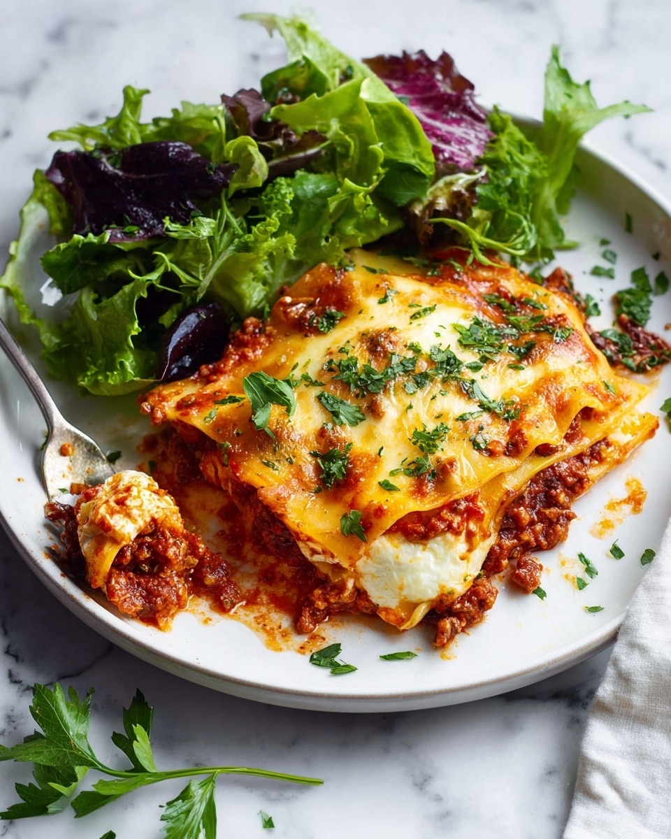 A white plate on a white marbled surface holds a serving of lasagna with three distinct layers: a bottom layer of wide pasta sheets covered with thick, chunky tomato sauce mixed with browned meat and herbs, a middle layer of creamy, white ricotta cheese, and a top layer of golden-brown melted mozzarella cheese with some toasted spots and sprinkled green parsley leaves. On the right side of the plate, there is a fresh mixed green salad with different leaf shapes and shades of green and purple. A fork with a bite of lasagna is placed near the bottom left of the plate, with bits of tomato sauce and cheese sticking to it. Some fresh parsley sprigs are scattered around the plate. Photo taken with an iphone --ar 4:5 --v 7