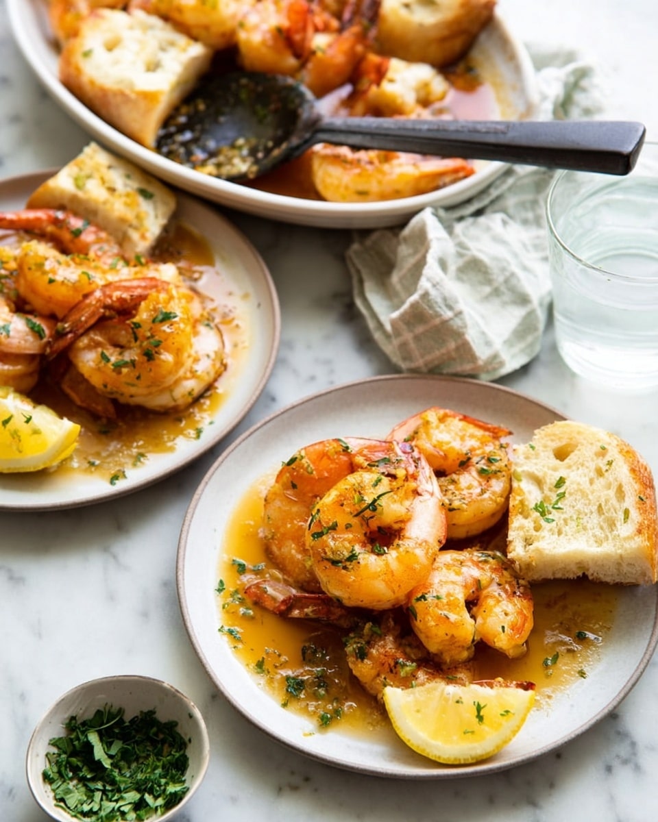 The image shows two white plates, each with three orange-brown cooked shrimp covered in a shiny sauce with small green herb pieces sprinkled on top. Each plate has a lemon wedge on the side and a small piece of bread soaked with the same sauce. In the background, a larger white dish holds more shrimp in sauce, with a black serving spoon resting on it, and a piece of bread. Nearby, a small white bowl holds chopped green herbs. The scene is set on a white marbled surface, and a clear glass of water is visible in the background. photo taken with an iphone --ar 4:5 --v 7