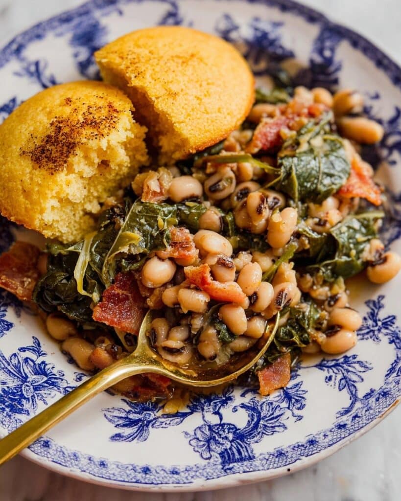 Stewed Black-Eyed Peas with Collard Greens & Cornbread Biscuits Recipe
