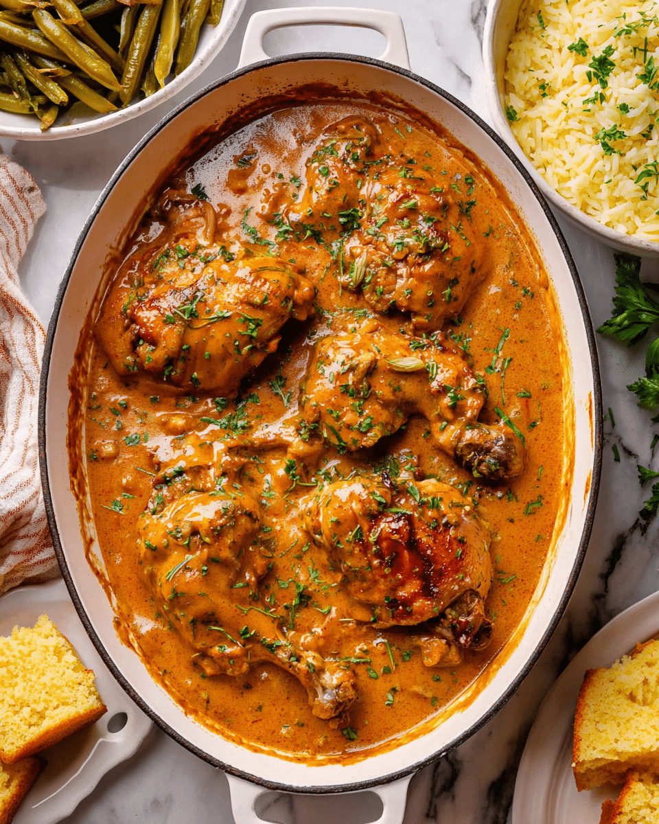 A white oval cast iron dish filled with several large pieces of cooked chicken covered in a thick, creamy orange-brown sauce, lightly sprinkled with chopped green herbs on top. The chicken pieces show some crispy browned edges peeking through the sauce. Surrounding the main dish are a white bowl of light yellow rice garnished with small green herbs at the top right, a white bowl with cooked green beans at the bottom left, and pieces of golden cornbread on the white marbled surface. Photo taken with an iphone --ar 4:5 --v 7