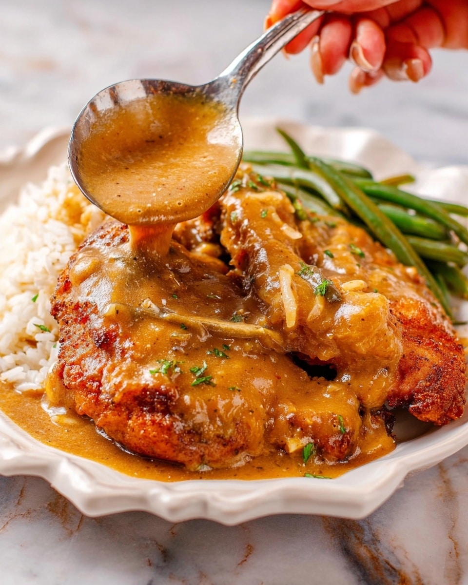 A white scalloped plate holds a serving of two large pieces of browned, crispy chicken covered in thick, creamy brown gravy with visible bits of seasoning and herbs. Underneath the chicken is a layer of fluffy white rice, and to the side, a small pile of cooked green beans. A woman's hand is seen holding a large spoon above the chicken, pouring more rich brown gravy onto the top piece. The dish is garnished with small green herb pieces, and the background shows a white marbled texture. photo taken with an iphone --ar 4:5 --v 7