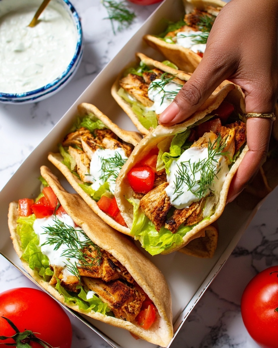 The image shows three pita wraps placed side by side in a white rectangular tray on a white marbled surface. Each wrap has a soft, light brown pita bread folded around layers of bright green lettuce, chunky red tomato pieces, and grilled golden-brown chicken pieces with charred edges. On top of the chicken, there is a dollop of white sauce garnished with small green dill sprigs. One wrap is being held by a woman's hand, showing the texture of the wrap and the fresh ingredients inside. Nearby are two whole red tomatoes and a white bowl with a blue rim containing more white sauce with dill. Photo taken with an iphone --ar 4:5 --v 7