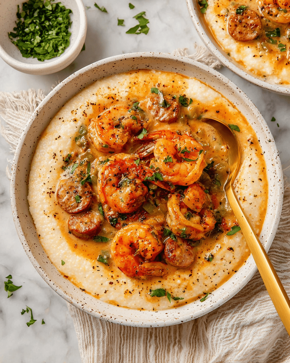 A white speckled bowl filled with creamy, light beige grits as the base layer, topped with large, pink-orange cooked shrimp and round slices of browned sausage mixed in a rich, light brown sauce with visible green herbs and small pieces of vegetables. The dish is sprinkled with fresh green parsley and ground black pepper, creating contrast on the smooth texture of the sauce and shrimp. A gold spoon rests in the bowl on a light beige striped cloth, all placed on a white marbled surface, with a small white bowl containing chopped green herbs nearby. photo taken with an iphone --ar 4:5 --v 7
