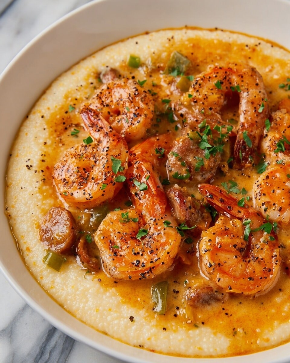A white plate holds a creamy, pale yellow base layer of grits with a smooth texture that fills the entire plate. On top, there is a rich, orange sauce with specks of black pepper covering several plump, orange shrimp arranged closely together in a slightly curved shape. Mixed into the sauce are slices of browned sausage and bits of green vegetables, all coated with the sauce and garnished with small pieces of fresh green herbs scattered on top. The entire dish sits on a white marbled surface. Photo taken with an iphone --ar 4:5 --v 7
