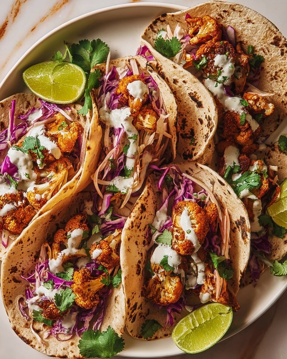 The image shows several tacos layered with roasted cauliflower pieces in a mix of golden and light brown tones, spread on top of a bed of thinly sliced purple cabbage and light-colored shredded vegetables. The tacos are made with slightly toasted soft tortillas with brown speckled patches, folded loosely to hold the filling. There are drizzles of a creamy white sauce over the cauliflower and cabbage, with green cilantro leaves adding fresh color on top. The tacos rest on a large white plate with a few lime halves and more cilantro leaves around. The whole scene is set on a white marbled surface with warm, inviting lighting. Photo taken with an iphone --ar 4:5 --v 7
