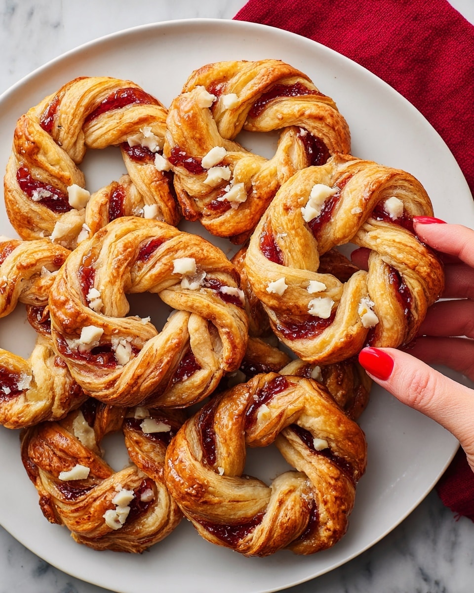 The image shows several golden brown twisted pastries shaped into rings, each with visible layers of flaky dough and a red fruit filling, likely jam, peeking through the twists. Small white crumbly pieces are scattered on top and within the twists, adding texture. The pastries are placed closely together on a large white plate, and a woman's hand with red nail polish is lifting one of the pastries from the top right corner. The background surface is a white marbled texture, with a piece of red cloth partially visible under the plate. Photo taken with an iphone --ar 4:5 --v 7