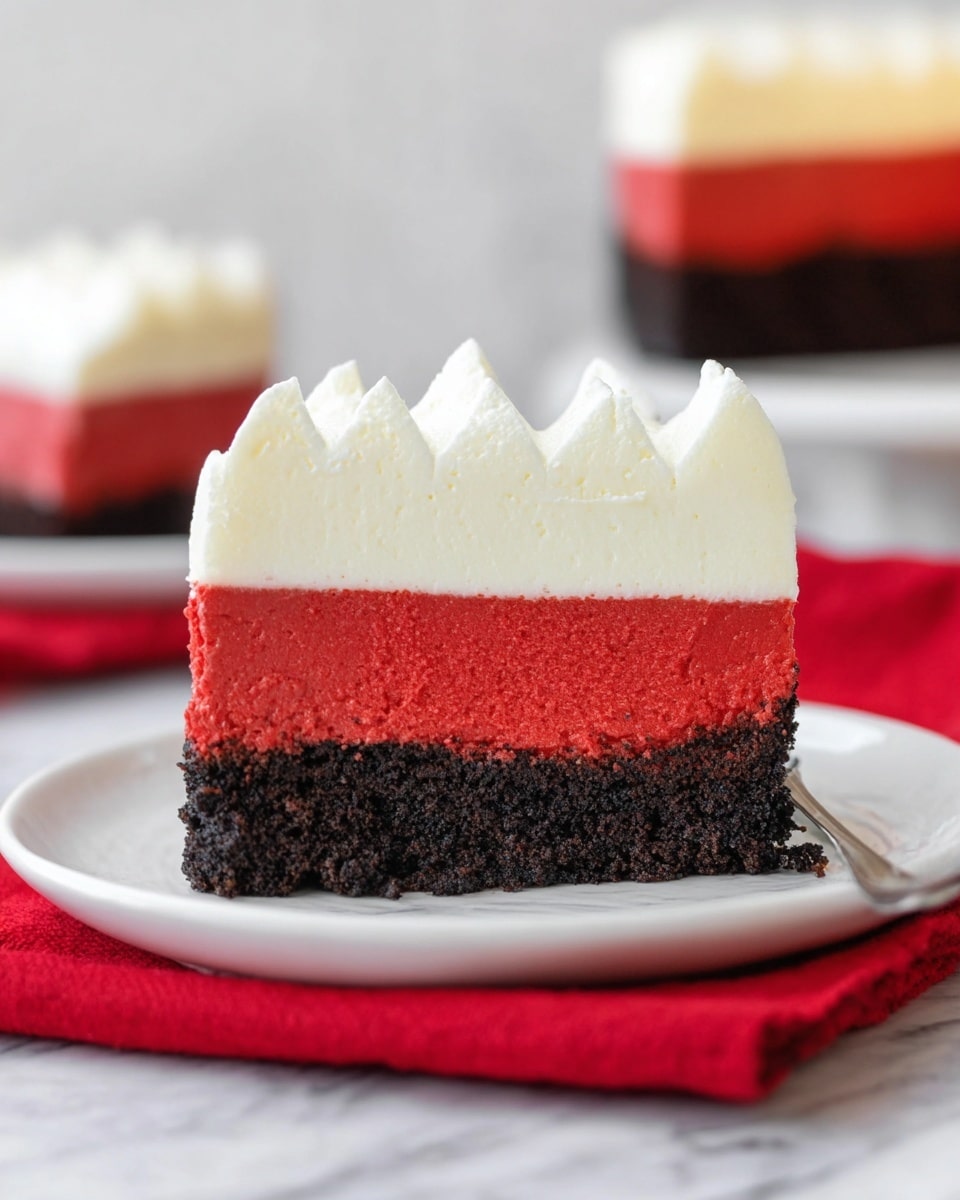 A slice of cake with three layers sits on a white plate. The bottom layer is a dark, crumbly crust, almost black in color. The middle layer is thick and has a smooth, creamy texture in a bright red color. The top layer is a thick white cream with soft, wavy peaks. The plate is placed on a red cloth on a white marbled surface. In the background, there is a blurred view of another cake and a slice of cake. Photo taken with an iphone --ar 4:5 --v 7