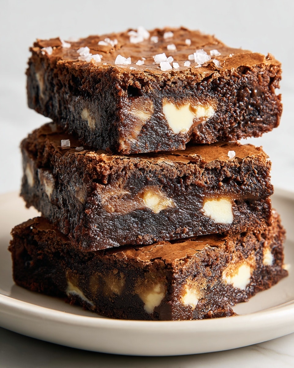 A freshly baked single-layer chocolate brownie with a shiny, slightly cracked top layer showing white chocolate chips and nuts scattered throughout. The edges are a darker brown, crispier and slightly raised, while the middle remains softer and smoother with small air bubbles. Flakey sea salt is sprinkled unevenly on the surface for added texture. The brownie rests in a silver metal baking pan lined with parchment paper, placed on a white marbled surface. Photo taken with an iphone --ar 4:5 --v 7