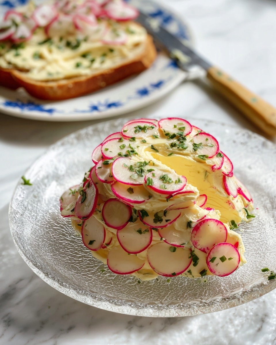 A round mound of creamy pale yellow butter mixed with green herbs sits in the center of a clear, textured glass plate. The butter is decorated with multiple thin, smooth slices of radishes, arranged in overlapping circles covering the outside layer, giving a bright pinkish-white contrast. The top is partially carved out, showing a soft, swirled inside with herbs sprinkled throughout. Behind it, a slice of bread topped with the same butter and radishes is placed on a white plate with blue patterns on the edge, all set on a white marbled surface. A knife with a light handle rests near the butter. Photo taken with an iphone --ar 4:5 --v 7