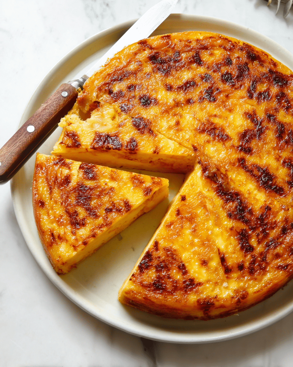 A golden brown baked dish is cut into slices on a white plate placed on a white marbled surface. The dish has one main thick layer with a creamy, slightly spongy texture and a browned, bubbly top. Its rich, warm orange-yellow color contrasts with darker caramelized spots scattered across the top. A knife with a wooden handle rests on the dish near the cut slices. Photo taken with an iphone --ar 4:5 --v 7