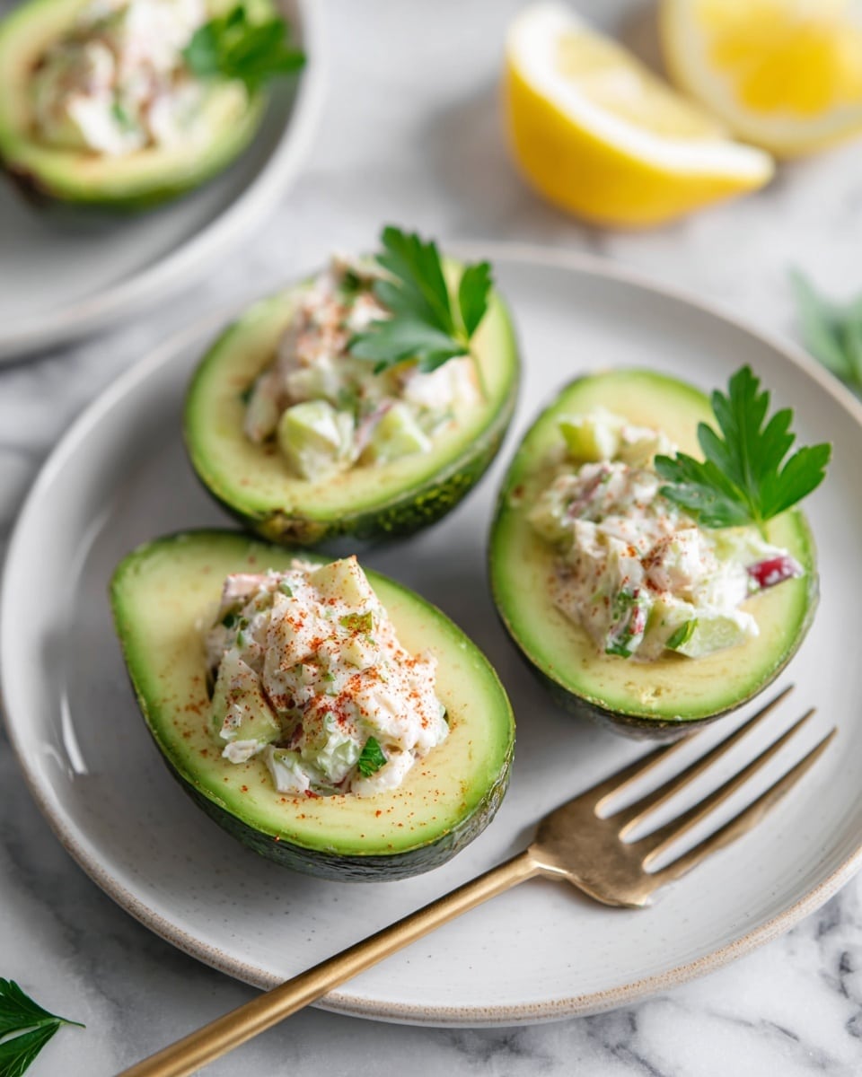 Three avocado halves sit on a white plate with a shiny gold fork on the right side of the plate. Each avocado half has a dark green outer skin with a bright light green inner flesh visible, filled with a creamy white salad mixture that includes visible small pieces of celery and red pepper. The salad is sprinkled lightly with a reddish powder and topped with a fresh green parsley leaf. In the background, part of a second white plate with another filled avocado half and two lemon wedges are visible on a white marbled surface. photo taken with an iphone --ar 4:5 --v 7