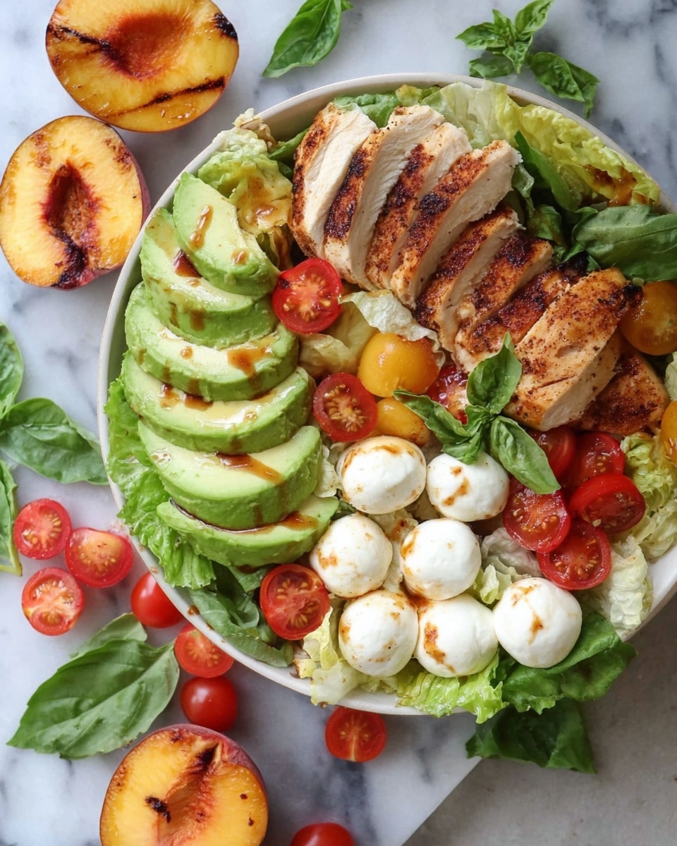 A white bowl filled with a fresh salad, starting with a base of green lettuce leaves. On top, there are several thick slices of grilled chicken breast with light brown grill marks, arranged on one side. Cherry tomatoes, both whole and halved, add bright red color, scattered throughout the salad along with small white mozzarella balls. A grilled peach half with dark char marks is placed prominently, adding a warm orange tone. Few fresh green basil leaves are spread over the salad. The bowl sits on a white marbled surface with a sliced avocado and a glass bowl with sauce nearby. photo taken with an iphone --ar 4:5 --v 7