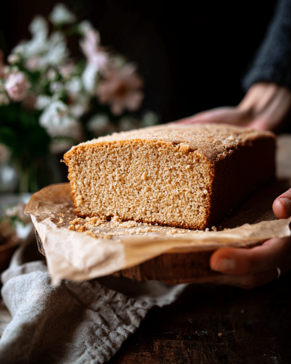 A thick slice of light brown cake with a crumbly and moist texture is being gently held by a woman's hand, with the cake resting on a thin layer of parchment paper over a wooden board. The cake has a slightly rough and grainy surface with small visible crumbs. The background is dark with a soft focus on pale flowers, and the overall look highlights the golden-baked edges and soft interior of the slice. photo taken with an iphone --ar 4:5 --v 7