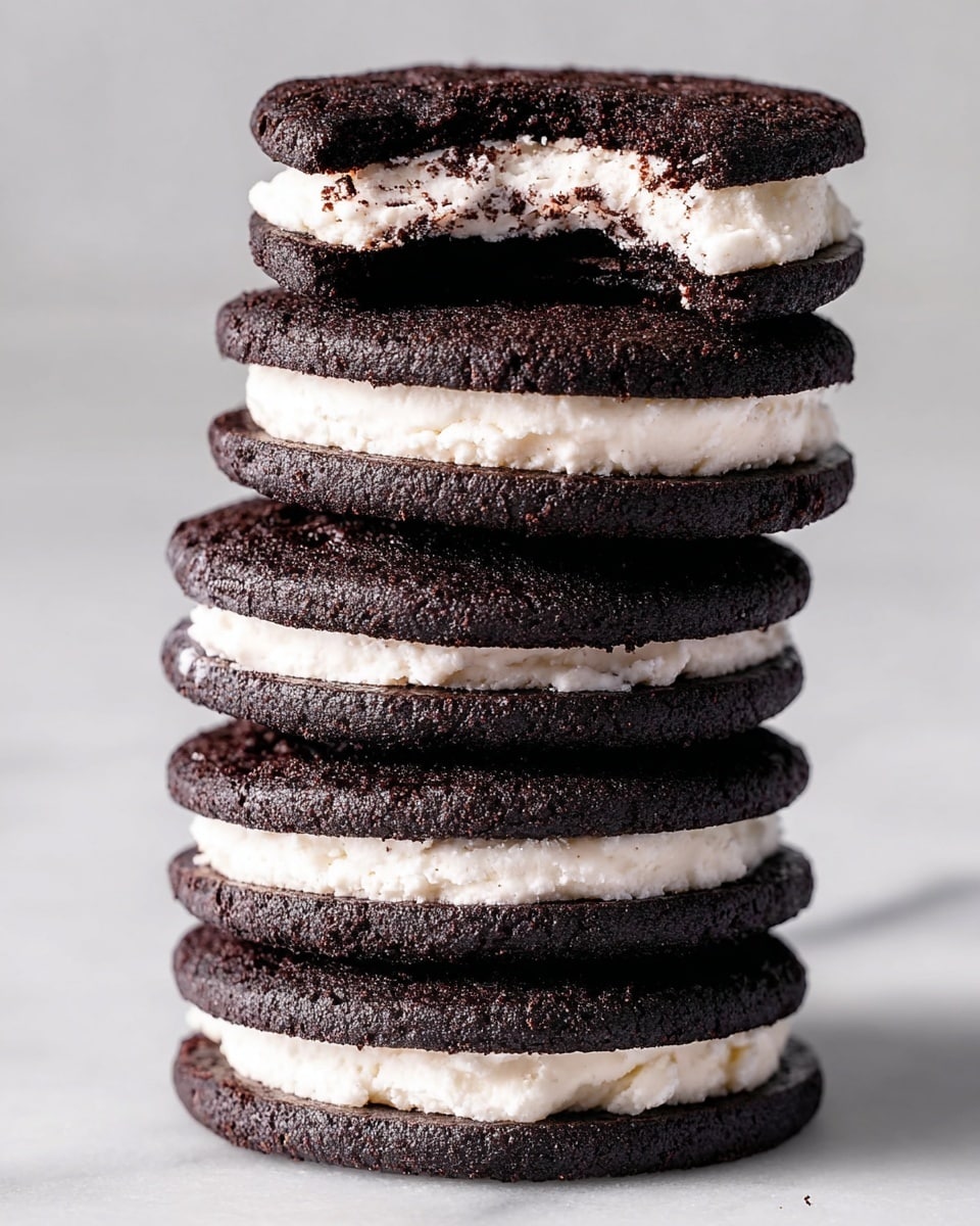 A tall stack of six round sandwich cookies is shown on a white marbled surface. Each cookie has two thin, dark black chocolate layers with a slightly rough texture. Between each pair of chocolate layers is a thick, creamy white filling that looks soft and slightly crumbly. The top cookie shows a bite taken out, revealing the creamy layer inside and adding a sense of depth. The cookies are stacked neatly, with the dark and white layers alternating clearly from top to bottom. photo taken with an iphone --ar 4:5 --v 7