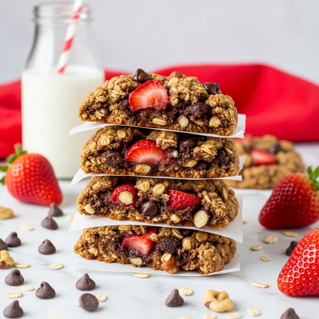 A stack of four thick oatmeal cookies filled with pieces of red strawberries, dark chocolate chips, and bits of nuts, each cookie layered roughly and unevenly, showing a chewy texture with visible oats and mix-ins. The top cookie is slightly tilted to reveal the chunky inside, and bits of white paper separate the cookies. Around the stack, there are fresh whole strawberries, scattered chocolate chips, and nuts on a white marbled surface. In the blurry background, a clear glass milk bottle with a red and white striped straw and a bright red cloth add color contrast. photo taken with an iphone --ar 4:5 --v 7
