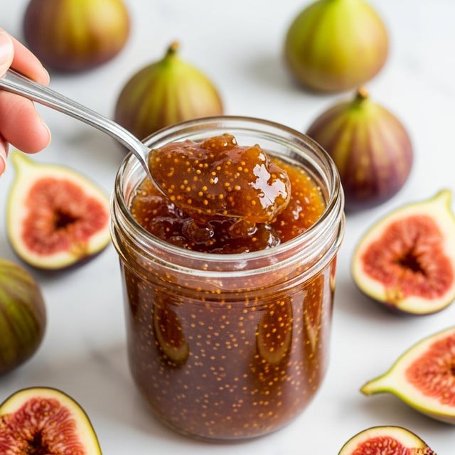 A close-up shot of a clear glass jar filled with thick, glossy, brownish-orange fig jam with visible small seeds and a slightly chunky texture. A silver spoon is scooping the jam from the jar, held by a woman's hand on the left side. The jar sits on a white marbled surface scattered with whole and halved figs showing their soft, pinkish-red inner flesh and greenish-brown skins. The background is softly blurred to keep focus on the jar and figs. Photo taken with an iphone --ar 4:5 --v 7