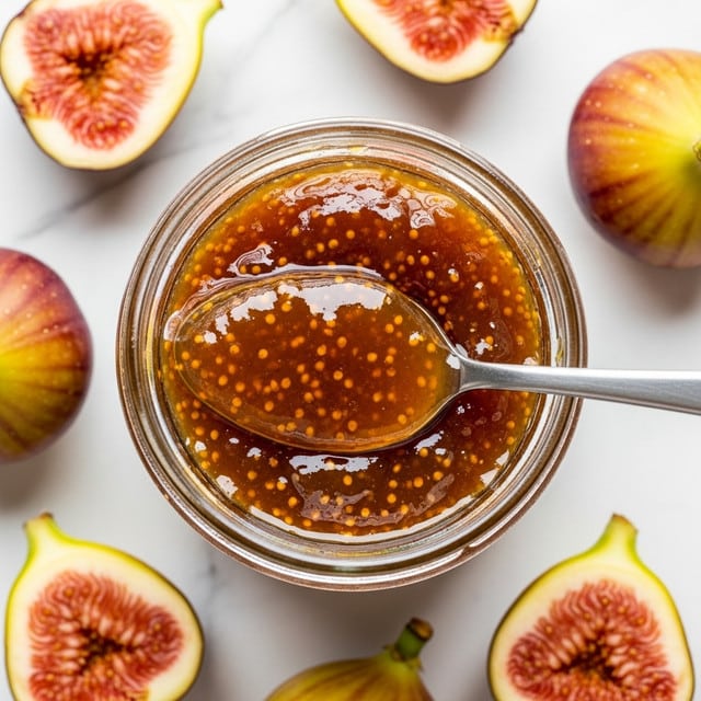 A close-up top view of a glass jar filled with thick, shiny, brownish-orange fig jam with visible small seeds. A metal spoon is dipped in the jam in the jar center, covered with a smooth, glossy layer of jam. Around the jar, there are whole and halved fresh figs with yellowish-pink skin and dark pink inside, placed on a white marbled surface. photo taken with an iphone --ar 4:5 --v 7