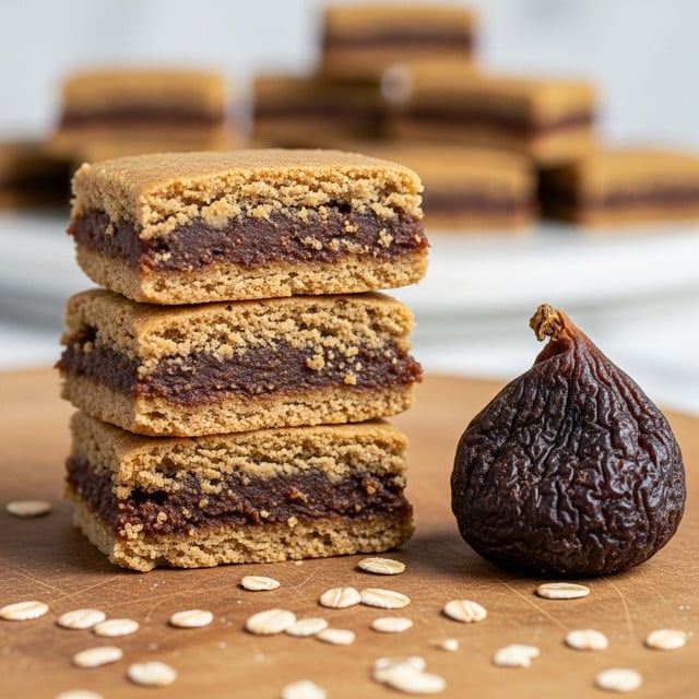 Three pieces of a brown and tan layered dessert are stacked on top of each other on a wooden surface with scattered oats. Each piece shows a soft, tan outer layer with a thick, textured dark brown filling inside. To the right side, there is a whole dried fig with a wrinkled texture. In the background, more pieces of the dessert can be seen blurred, all resting on a white marbled surface. photo taken with an iphone --ar 4:5 --v 7