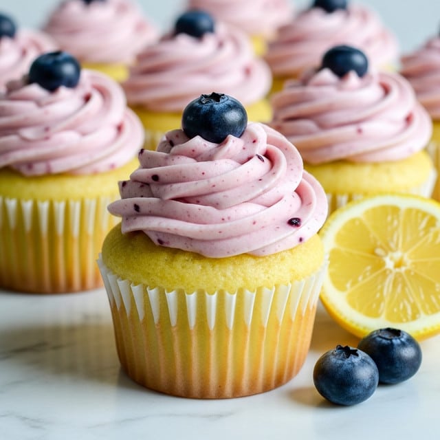 A close-up image of a yellow cupcake with three visible layers: a pale yellow cake base in a white pleated paper liner, topped with a thick swirl of light pink frosting with dark berry specks, crowned by a single shiny dark blueberry. Surrounding the main cupcake are more cupcakes like it, slightly out of focus, all on a white marbled surface. At the front right side of the main cupcake, there is a bright yellow lemon wedge and two more dark blueberries. Photo taken with an iphone --ar 4:5 --v 7