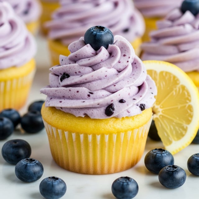 A close-up of a cupcake with yellow soft cake as the base, topped with a thick swirl of light purple frosting that has small dark bits mixed in. The frosting is decorated with one fresh blueberry on top. The cupcake is placed on a white marbled surface along with whole blueberries scattered around it. On the right side, there is a fresh lemon wedge leaning against the cupcake. The background shows more cupcakes with similar purple frosting out of focus. Photo taken with an iphone --ar 4:5 --v 7