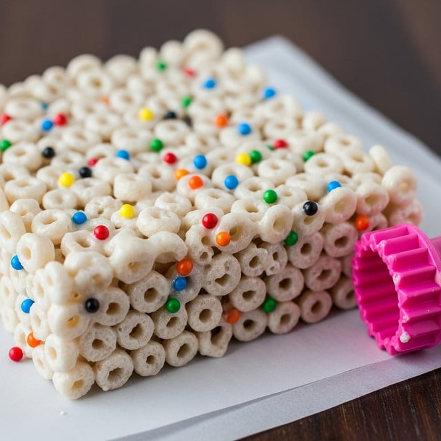 The image shows a close-up of a square cereal treat made of white, round cereal pieces tightly packed together in one thick layer. The cereal pieces are coated with a sticky white substance, giving them a shiny look. Small, colorful round sprinkles in red, blue, yellow, green, orange, and black are scattered evenly throughout the cereal layer. The treat rests on white parchment paper placed on a dark wooden surface, with a bright pink riddling tool partially visible on the right side. The focus is sharp on the front part of the treat, while the background softly blurs. Photo taken with an iphone --ar 4:5 --v 7