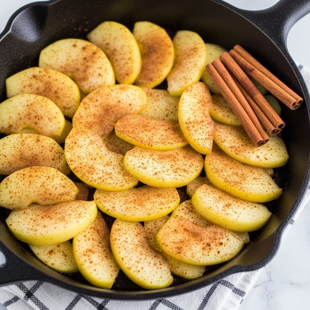 A close-up view of a black cast iron pan holding soft cooked apple slices with a light yellow color, sprinkled evenly with fine brown cinnamon powder. The apples look tender and slightly shiny from syrup or juice, layered naturally on top of each other, filling the pan. On the right side inside the pan are three whole cinnamon sticks placed together. Part of a white and black checkered cloth is visible beneath the pan, all set on a white marbled texture. Photo taken with an iphone --ar 4:5 --v 7
