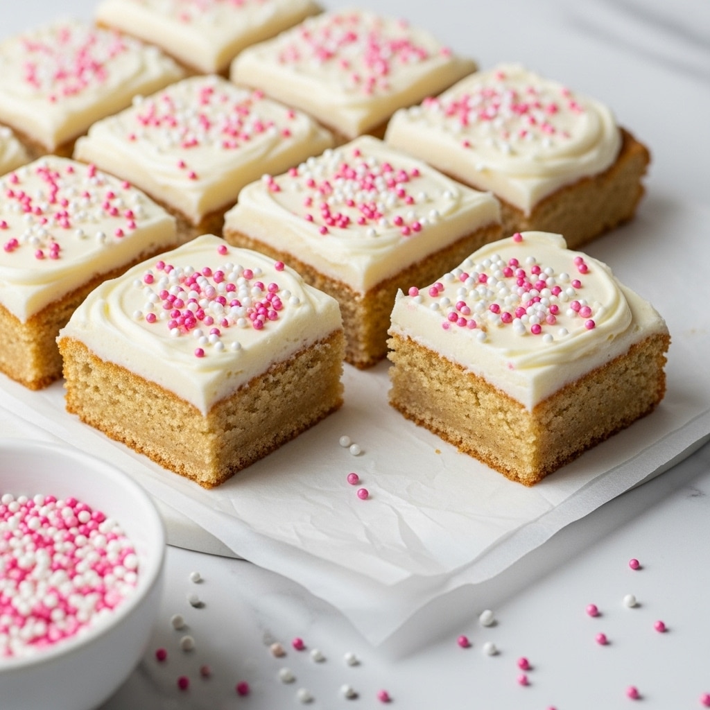 A batch of square, frosted blondies on white parchment paper atop a white marbled surface. Each blondie is one layer with a thick cream-colored frosting on top, decorated with small pink and white sugar sprinkles evenly spread across the surface. Two blondies are slightly pulled away from the group, showing the golden brown cake underneath the frosting. In the foreground, a white bowl filled with more pink and white sprinkles is partially visible. Photo taken with an iphone --ar 4:5 --v 7