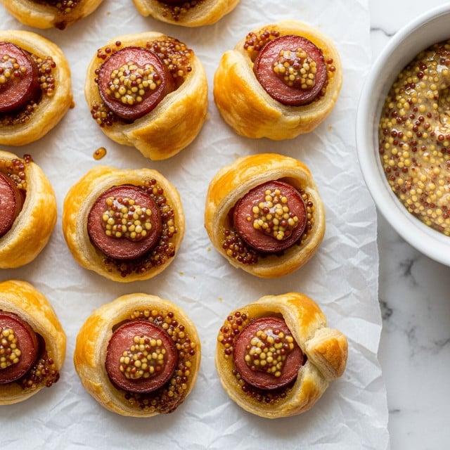 A group of small round pastries arranged on crumpled white parchment paper over a white marbled surface, each pastry has two visible layers: a golden, flaky, and slightly browned puff pastry outer ring forming the base, with a smooth, brown sausage slice in the center topped with a grainy mustard glaze that gives a shiny texture, some mustard seeds scattered on the pastries. On the right side, a white bowl filled with coarse grain mustard is partially visible, showing creamy texture with whole mustard seeds. The photo taken with an iphone --ar 4:5 --v 7