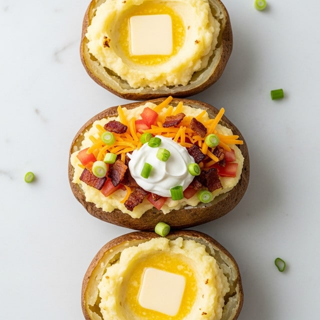 Three baked potatoes sit on a white marbled surface, each with a top cut open to reveal their soft inside. The top and bottom potatoes show one layer of creamy mashed potato with a square of melting pale-yellow butter resting in the center. The middle potato is topped with several layers: a thick layer of smooth mashed potato, a dollop of white sour cream, bright red diced tomatoes, small brown bacon bits, shredded orange and white cheese, and chopped green onions scattered on top. The rough, brown, crispy potato skins hold each potato together. Photo taken with an iphone --ar 4:5 --v 7