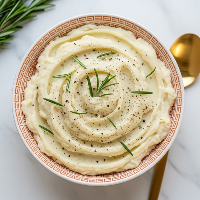 A bowl filled with a thick, creamy layer of white mashed potatoes with a textured swirl pattern on top, sprinkled with small black pepper bits and fresh green rosemary leaves. The white bowl has a traditional orange and brown patterned rim, and it sits on a white marbled surface with a golden spoon partially visible beside it. photo taken with an iphone --ar 4:5 --v 7