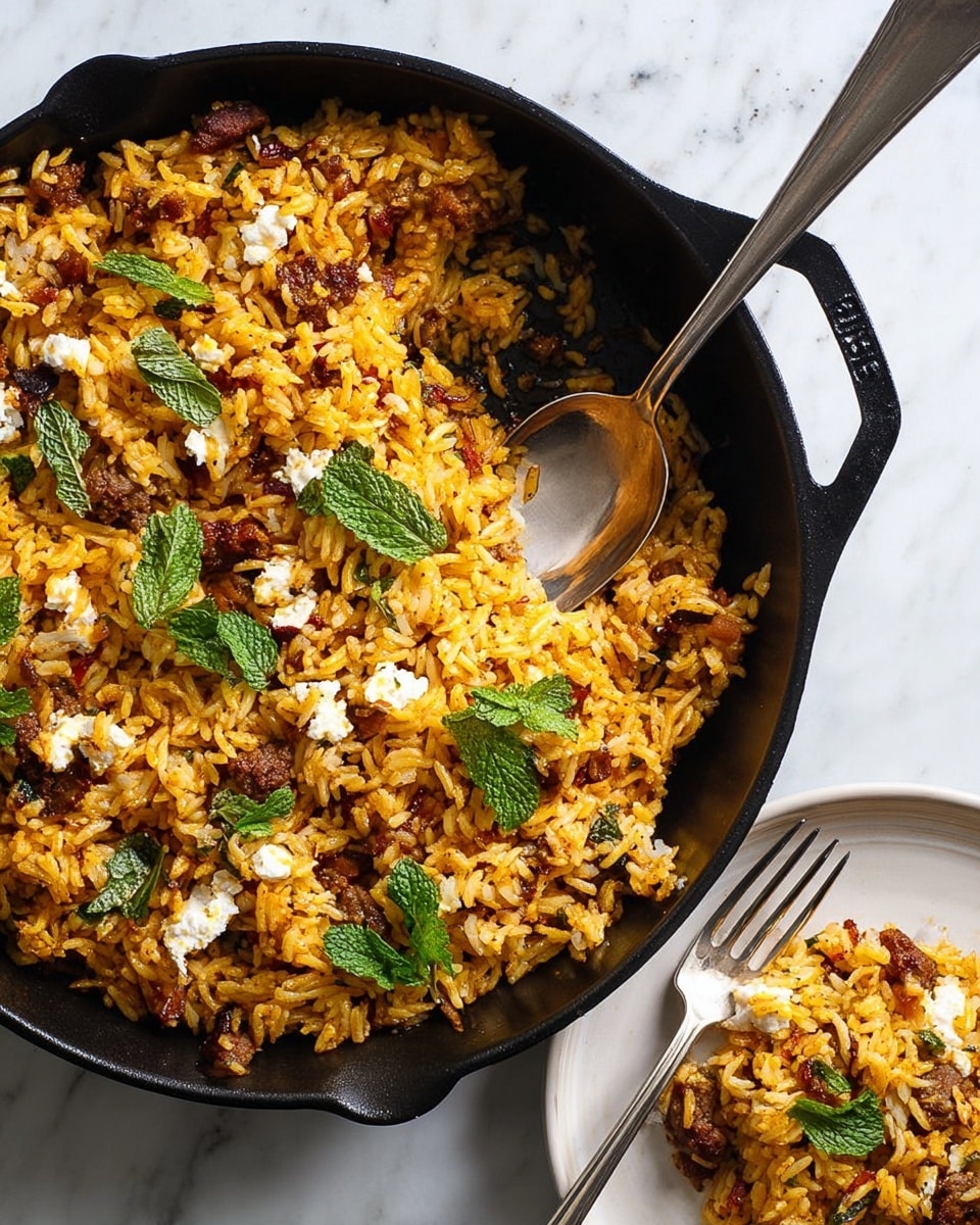 A black cast iron pan filled with one layer of yellow-orange cooked rice mixed with small brown pieces of meat. Scattered on top are chunks of white cheese and fresh green mint leaves, adding contrasting colors. A spoon is partially inside the pan, resting on the rice. Next to the pan is a white plate with a small portion of the same rice dish, with a silver fork placed on the plate. The background features a white marbled texture. photo taken with an iphone --ar 4:5 --v 7