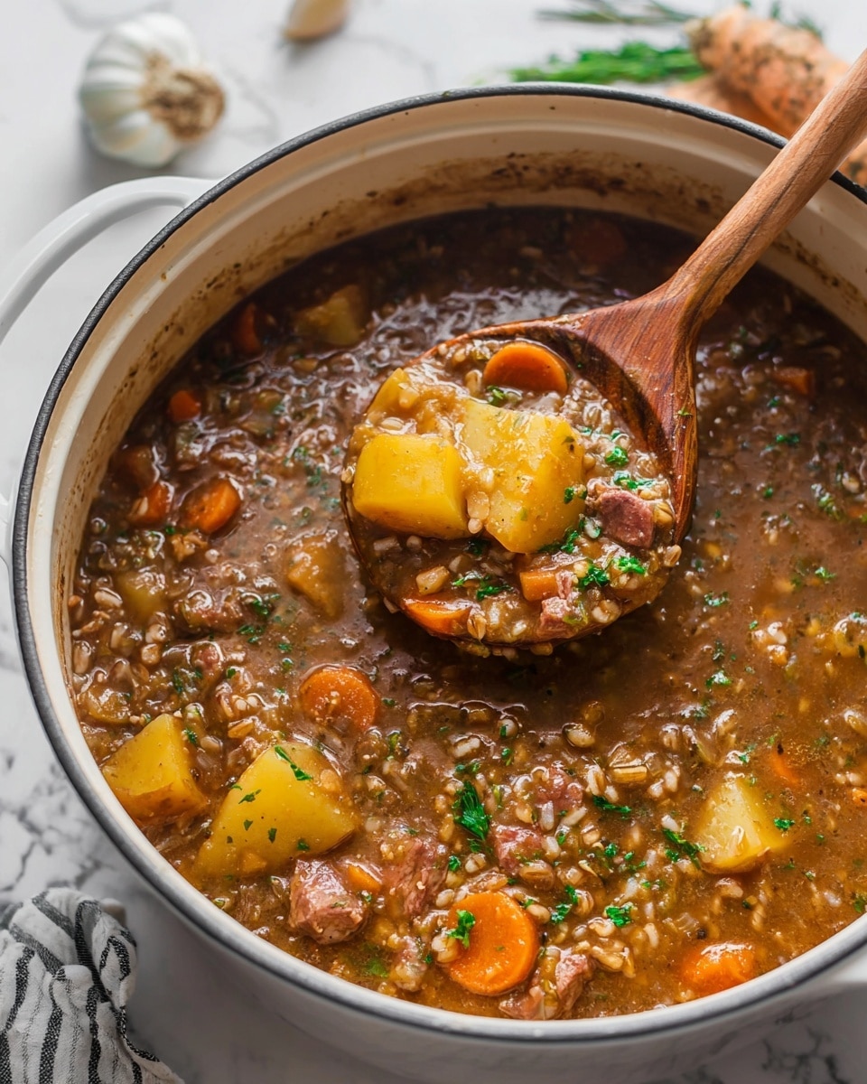 A thick stew in a white pot with a dark brown broth filled with visible chunks of yellow potatoes, orange carrot slices, bits of meat, and grains, likely barley, scattered throughout. The stew has a hearty, chunky texture with some green herbs sprinkled in for color. A wooden ladle is scooping a serving with a close-up of two potato chunks and meat pieces, showing the rich, mixed ingredients in detail. The white pot sits on a white marbled surface with part of a striped cloth and some garlic visible in the corner. photo taken with an iphone --ar 4:5 --v 7