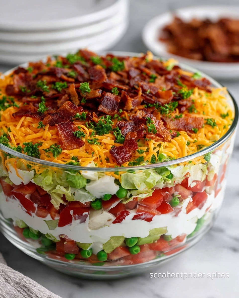A clear glass bowl filled with a colorful layered salad showing seven distinct layers starting from the bottom: light green lettuce, bright red chopped tomatoes, dark green peas, creamy white sour cream, light yellow shredded cheese, and topped with crispy dark brown bacon bits sprinkled with small green parsley pieces, all placed on a white marbled surface with a white plate with extra bacon bits blurred in the background, photo taken with an iphone --ar 4:5 --v 7