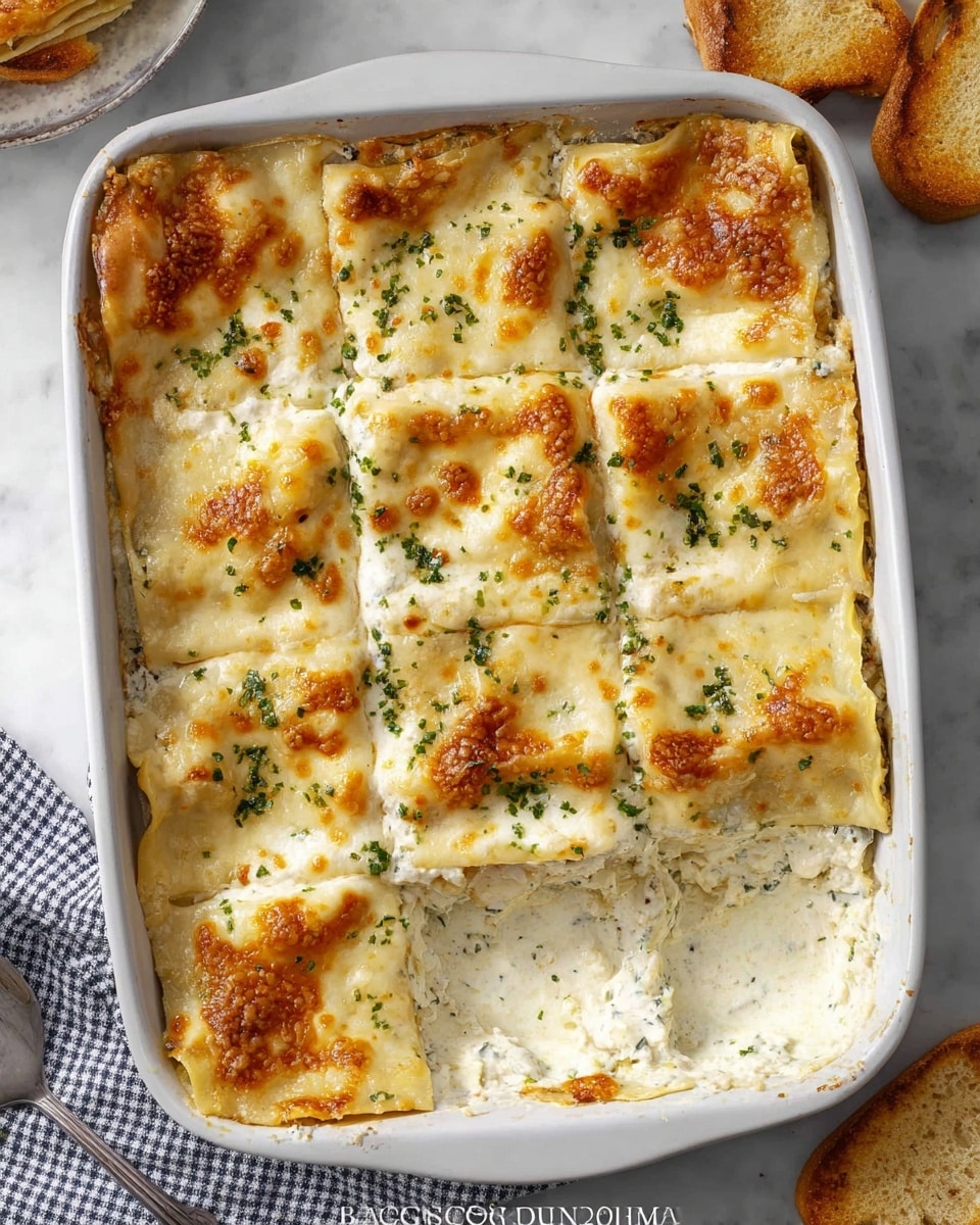 A white baking dish holds a creamy lasagna cut into nine square pieces, showing multiple layers starting from a golden-brown baked pasta on the top with melted, slightly browned cheese spotted with small green herbs. Beneath the top layer, creamy white sauce is visible between thin pasta sheets, with a smooth and rich texture. The edges of the lasagna are a little crispy and golden, contrasting with the creamy centers of each piece. The dish is set on a white marbled surface, with some toasted bread partially seen in the top right corner, and a folded checkered cloth in the top left corner. photo taken with an iphone --ar 4:5 --v 7