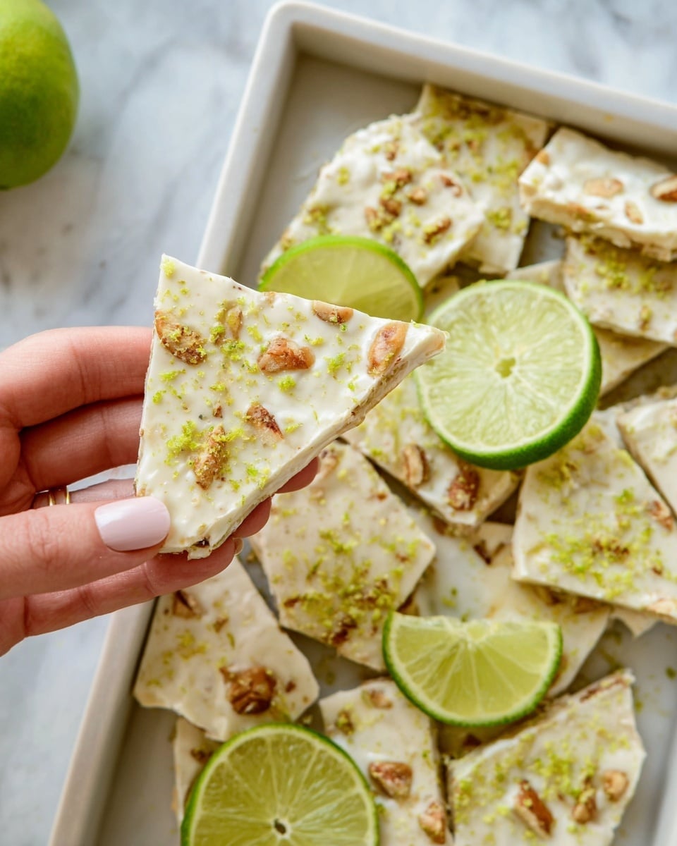 A woman's hand is holding a triangular piece of white bark candy with a rough texture, showing light brown nut pieces and green lime zest spread evenly on its surface. Below, there is a white tray filled with several broken pieces of the same bark candy arranged randomly. Scattered among the candy pieces are bright green lime slices with a juicy, fresh appearance. The tray is placed on a white marbled textured surface. photo taken with an iphone --ar 4:5 --v 7