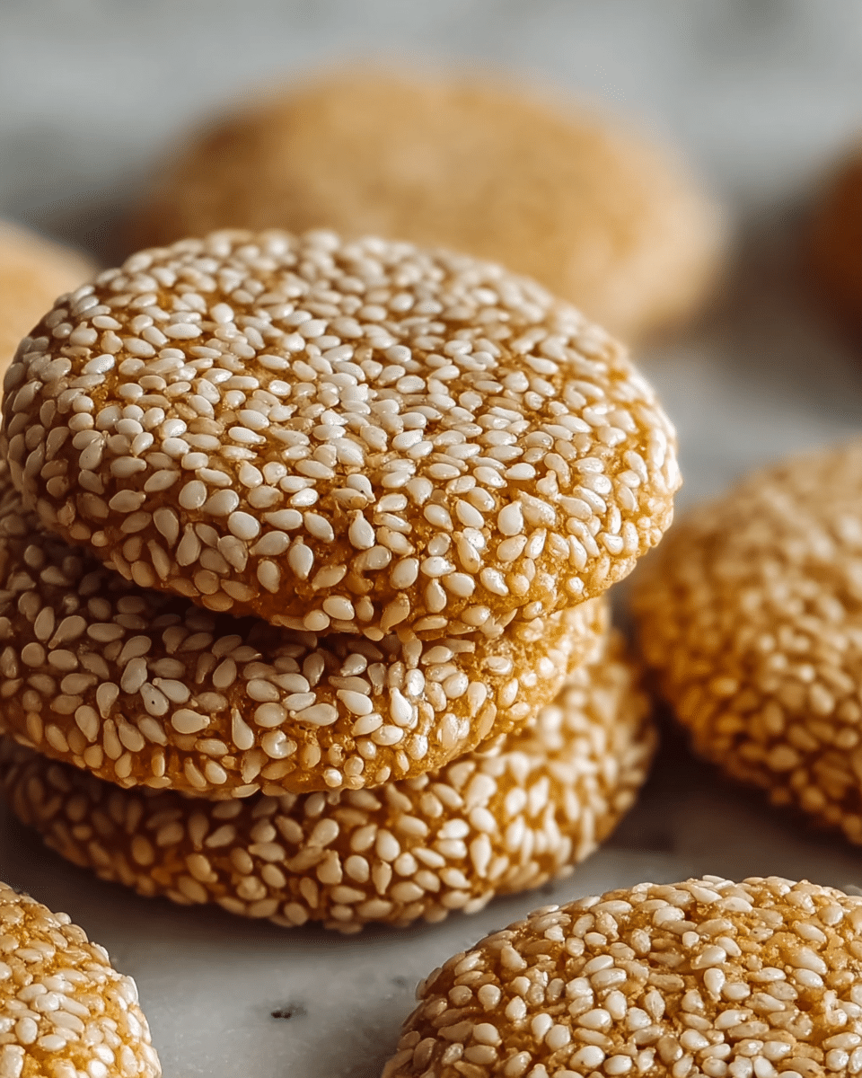 The image shows a close-up of a stack of three round cookies covered with a thick layer of white sesame seeds. Each cookie has a golden brown color with a slightly glossy surface, and the sesame seeds are evenly spread across the tops, giving a textured look. The edges of the cookies appear slightly rough. More cookies with the same appearance lie blurred in the background on a white marbled surface. photo taken with an iphone --ar 4:5 --v 7