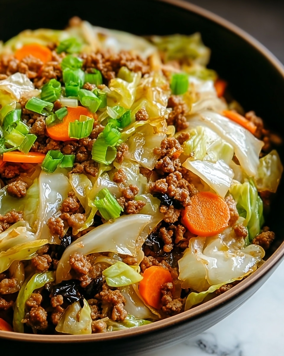 A close-up of a black bowl filled with a stir-fry dish showing three main layers: the bottom layer has cooked chopped cabbage pieces in white and light green with a glossy, slightly oily texture; the middle layer is made of small crumbled brown ground meat scattered evenly; the top layer consists of sliced bright orange carrot strips and chopped light green scallions, adding color contrast. The bowl is placed on a white marbled surface. photo taken with an iphone --ar 4:5 --v 7