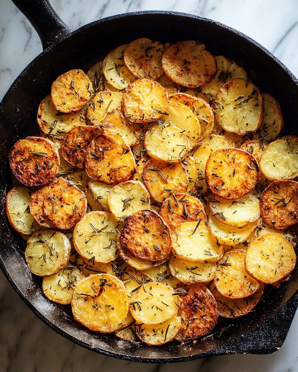 The image shows a close-up of a black skillet filled with lightly browned sliced potatoes, some with a golden crisp on the edges and a few darker charred spots. The potatoes are cut into thin, round slices, layered unevenly within the skillet. Small green herb bits and light seasonings are scattered across the potato slices, adding texture and color contrast. A silver spatula lifts some potatoes on the left side of the pan, showing a slight gloss from cooking oil. The potatoes' texture ranges from soft inside to crispy outside, and there is visible steam rising from the skillet. photo taken with an iphone --ar 4:5 --v 7