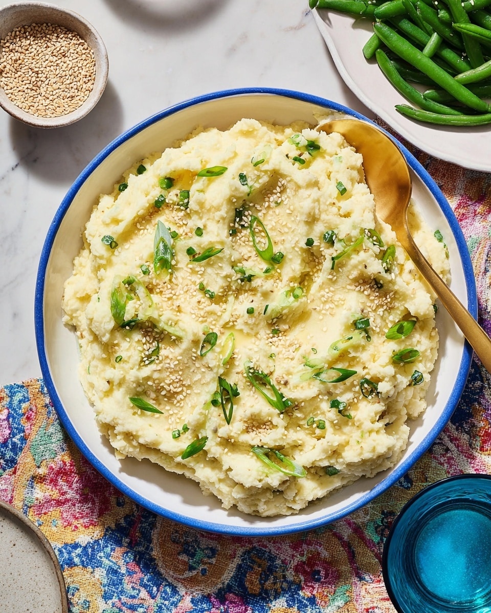 A bowl of creamy mashed potatoes with a textured, fluffy light yellow surface mixed with small pieces of green onion scattered throughout, topped with sesame seeds and thin green onion slices for garnish. The bowl is white with a blue rim and has a golden spoon partially dipped into the mashed potatoes on the right side. The bowl sits on a colorful patterned cloth on a white marbled surface, surrounded by a small bowl of sesame seeds on the upper left, a plate of green beans at the upper right, and a blue glass of water at the bottom right. Photo taken with an iphone --ar 4:5 --v 7