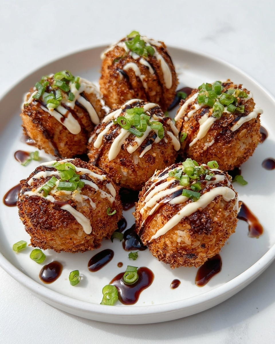 Six golden-brown rice balls with a crispy, textured coating are arranged on a white plate. Each ball is drizzled with creamy white sauce and dark brown glossy sauce, creating neat vertical lines. The rice balls are topped with small chopped green onions, adding a fresh pop of color. Some sauce pools gently on the plate around the rice balls. The white plate sits on a surface with a white marbled texture. photo taken with an iphone --ar 4:5 --v 7