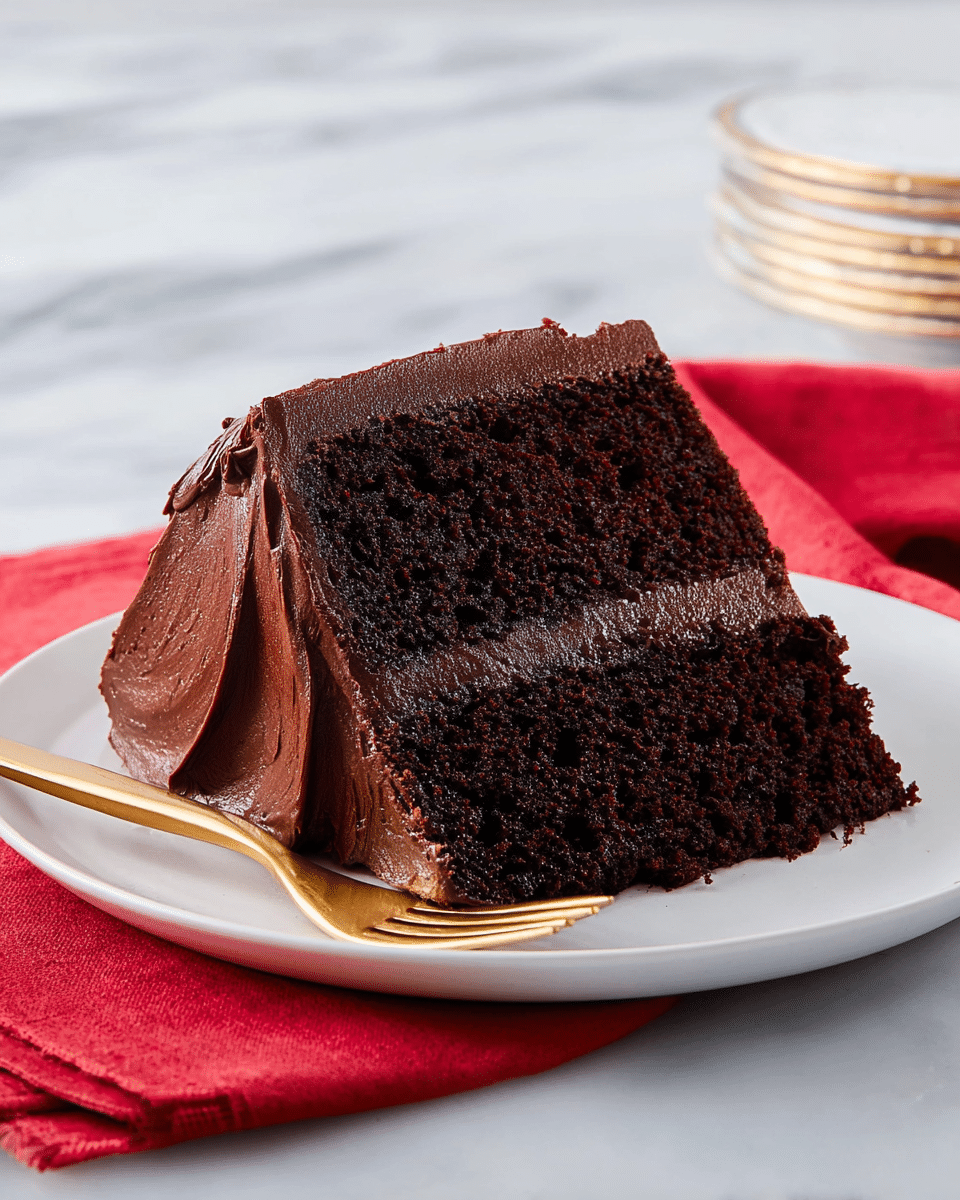 A slice of dark chocolate cake with two thick, moist layers showing a soft, crumbly texture, separated by a smooth, thick layer of rich chocolate frosting. The outside is fully covered with a slightly glossy, thick coat of dark chocolate frosting that has soft, natural swirls. It sits on a white plate with a golden fork resting beside the cake. There is a folded red cloth in the background on a white marbled surface. photo taken with an iphone --ar 4:5 --v 7
