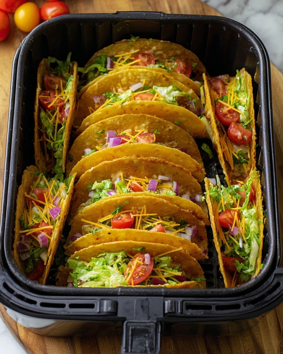 A black air fryer basket filled with eight corn tacos arranged vertically in two rows. Each taco has a golden fried layer inside, topped with finely chopped red tomatoes, purple onions, green leafy lettuce, and shredded yellow cheese. The tacos show a light brown toasted texture on the outside with bright, fresh, colorful toppings scattered on top. The basket sits on a wooden surface with part of a white marbled texture visible. photo taken with an iphone --ar 4:5 --v 7