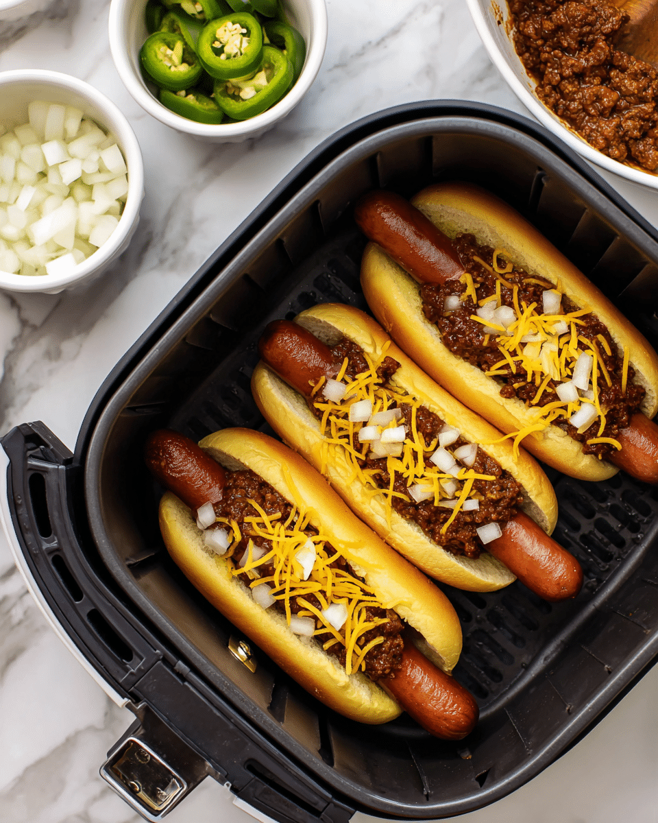 Three hot dogs are placed inside an air fryer basket, each layered with a soft yellow bun holding a browned sausage, topped with a thick layer of dark brown chili, scattered with thin strips of bright orange cheddar cheese and small white onion pieces. The air fryer basket is black, and the background includes a small white bowl with light green sliced jalapeños, another white bowl with white diced onions, and a third white bowl with more chili on a white marbled surface. Photo taken with an iphone --ar 4:5 --v 7