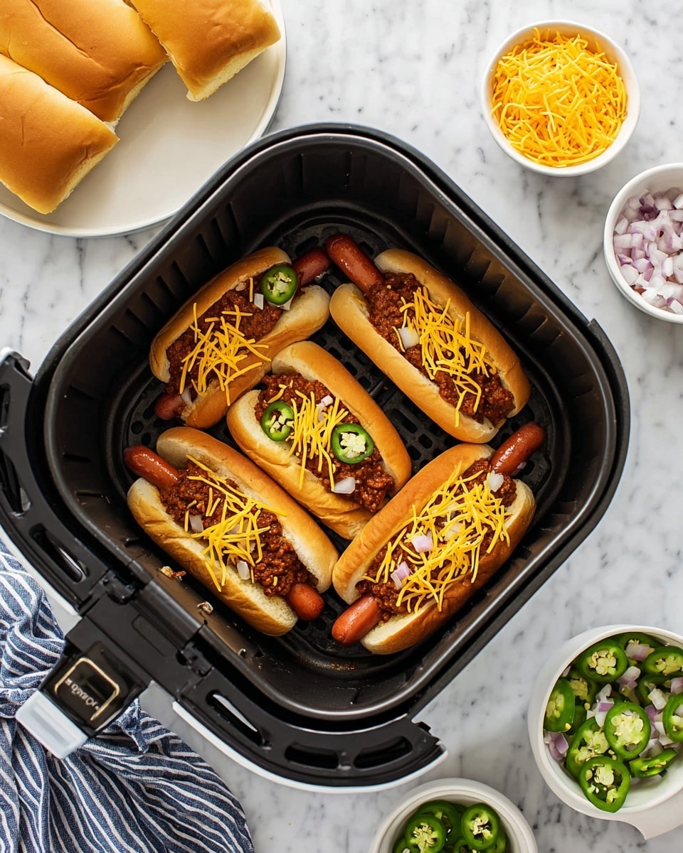 Four chili cheese hot dogs sit inside a black air fryer basket on a white marbled surface. Each hot dog bun is golden and soft, with a layer of smooth reddish-brown chili spread evenly on the sausage. Two of the hot dogs are topped with bright yellow shredded cheddar cheese and small white onion pieces, while the other two also have green sliced jalapeño peppers on top. Around the air fryer are small white bowls filled with diced onions, green jalapeños, shredded cheddar cheese, and extra chili. A white plate with plain, light golden hot dog buns is near the top left of the image next to a blue and white striped cloth. The scene is bright and colorful with a clean and fresh look. photo taken with an iphone --ar 4:5 --v 7