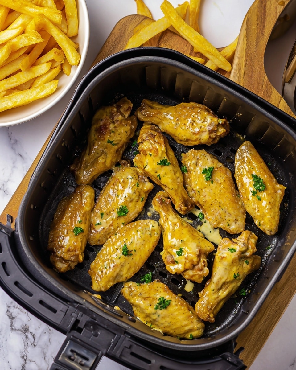 The image shows a black air fryer basket filled with twelve golden-yellow chicken wings covered in a creamy sauce, with small green parsley leaves scattered on top and between the wings. To the side, there is a white bowl full of thick, golden French fries. The air fryer basket is placed on a wooden cutting board with a white marbled surface beneath. The colors of the wings are shiny and rich, contrasting with the black basket and the white bowl of fries, creating a warm and inviting look. Photo taken with an iphone --ar 4:5 --v 7